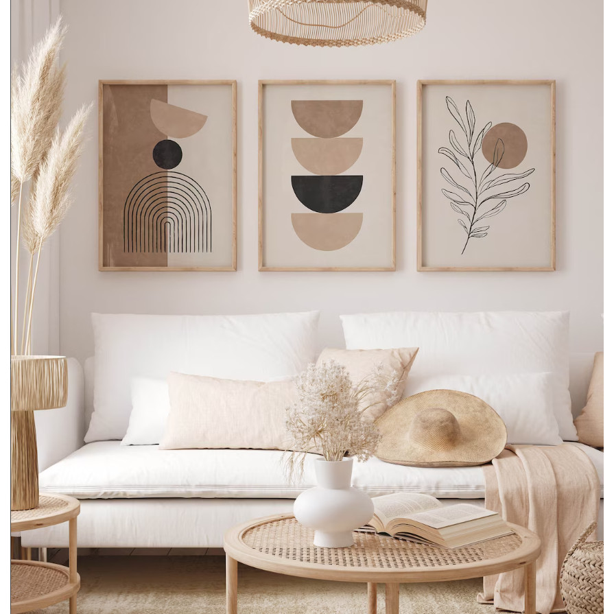 Mid Century Modern Boho Prints Beige Geometric Wall Art Decor Black ...