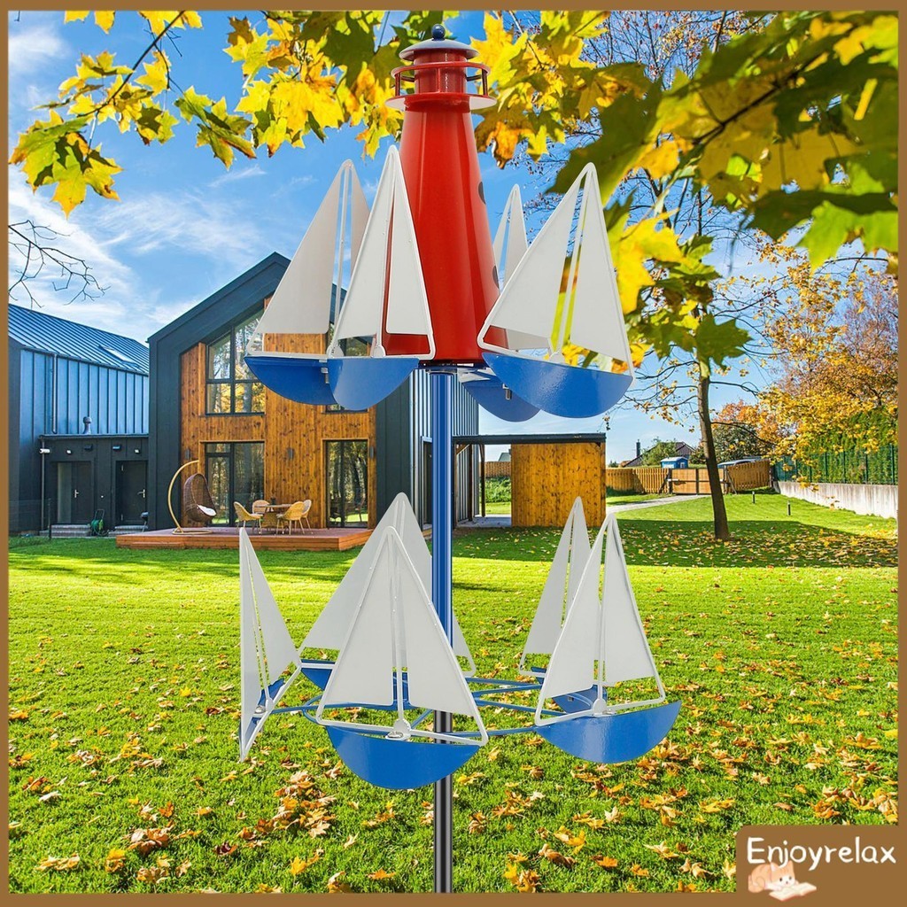 Sailboat Windmill Décor Metal Lighthouse Sailing Wind Spinner Swiveling ...