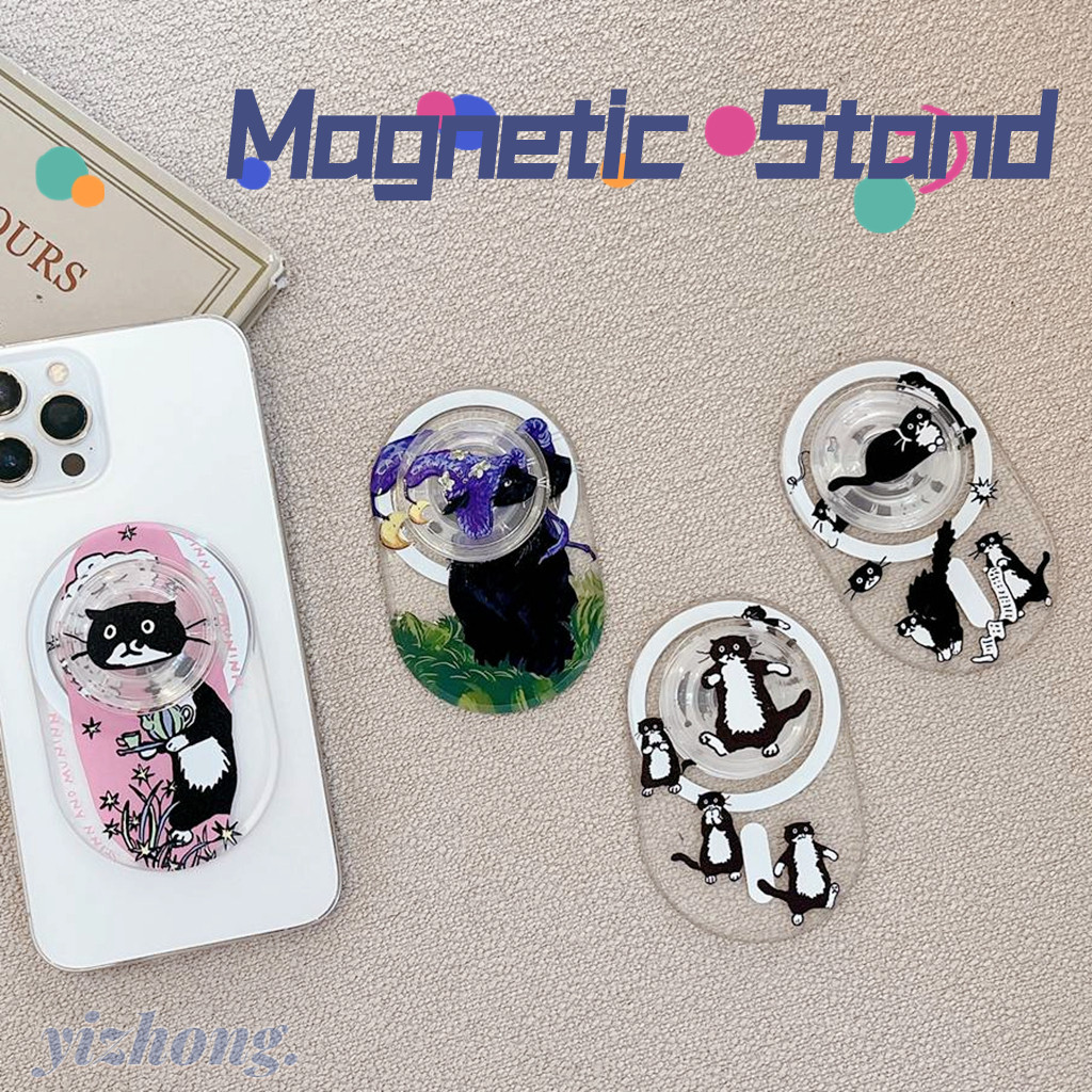 Phone Holder Kickstand Cartoon Funny Cute Cartoon Black Cat Oval Shape ...