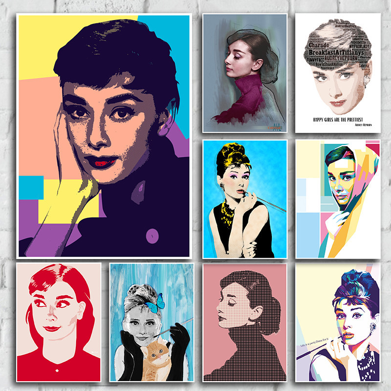Retro painted character movie star Audrey Hepburn compiled posters for ...