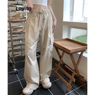 Lovito Casual Plain Pocket Cargo Pants for Women L71ED108 (Black/Apricot)  Lovito Celana Kargo Saku Polos Kasual untuk Wanita