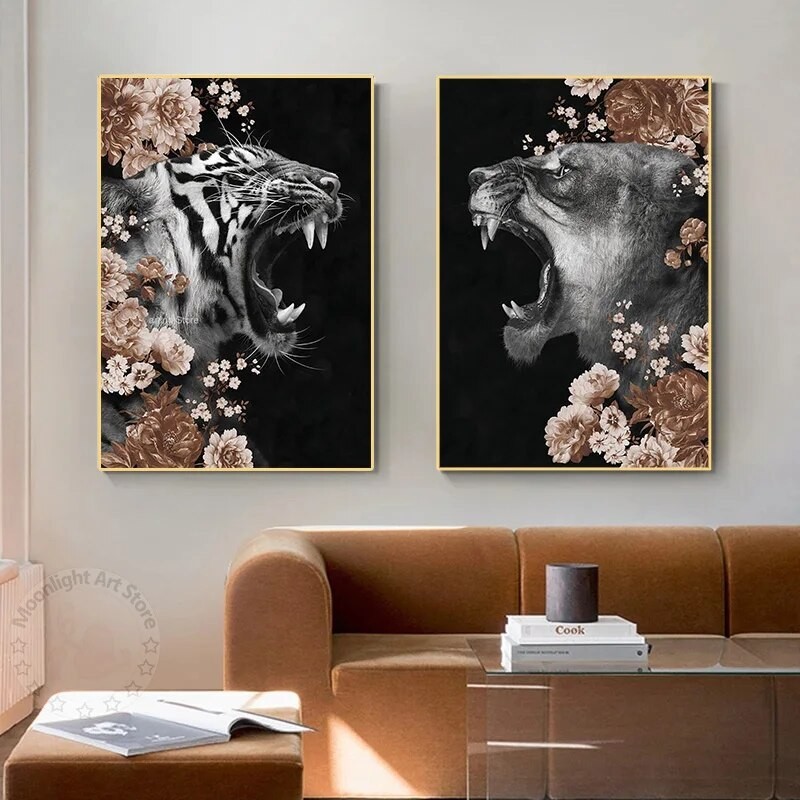 Nordic Flower Head Lion Poster Tiger Roaring Animal Painting Wall Decor ...