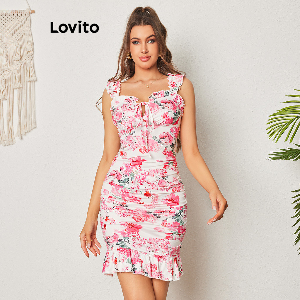 Lovito Boho Floral Ruched Cut Out Ruffle Dress for Women LBL08394 ...