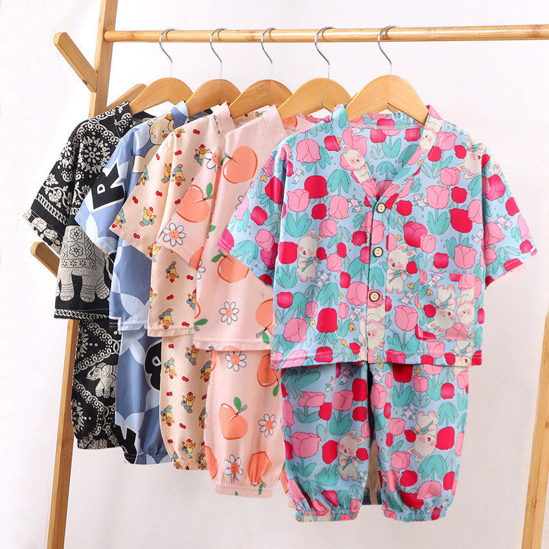 [ML] 90-150 Children's Cotton Silk Pajamas Set Summer Artificial Cotton ...