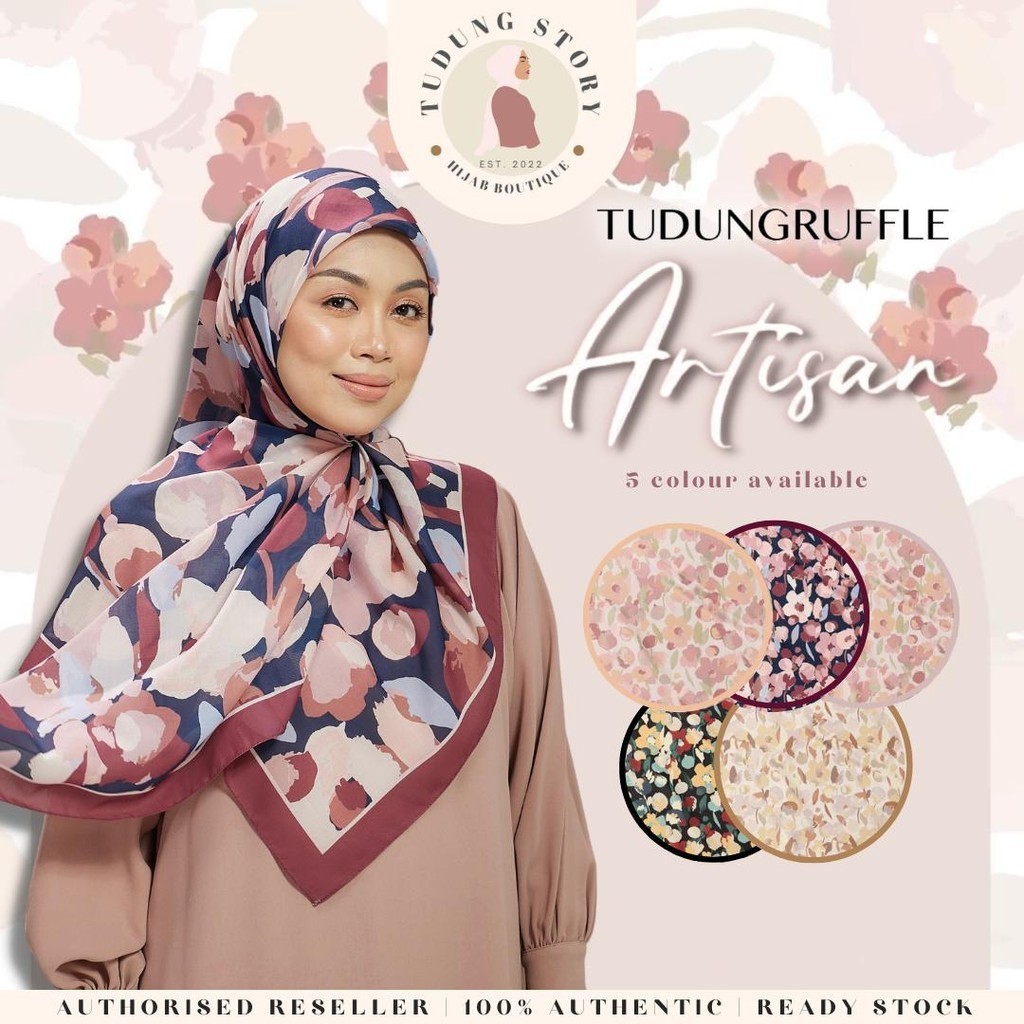 Tudung Ruffle ARTISAN Printed Cotton Square Bidang 46 + Free Exclusive ...