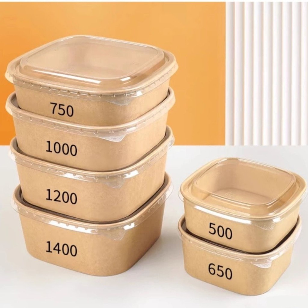 50pcs Disposable Kraft Brown Paper Square Bowl Fruit Salad Bowl Food ...