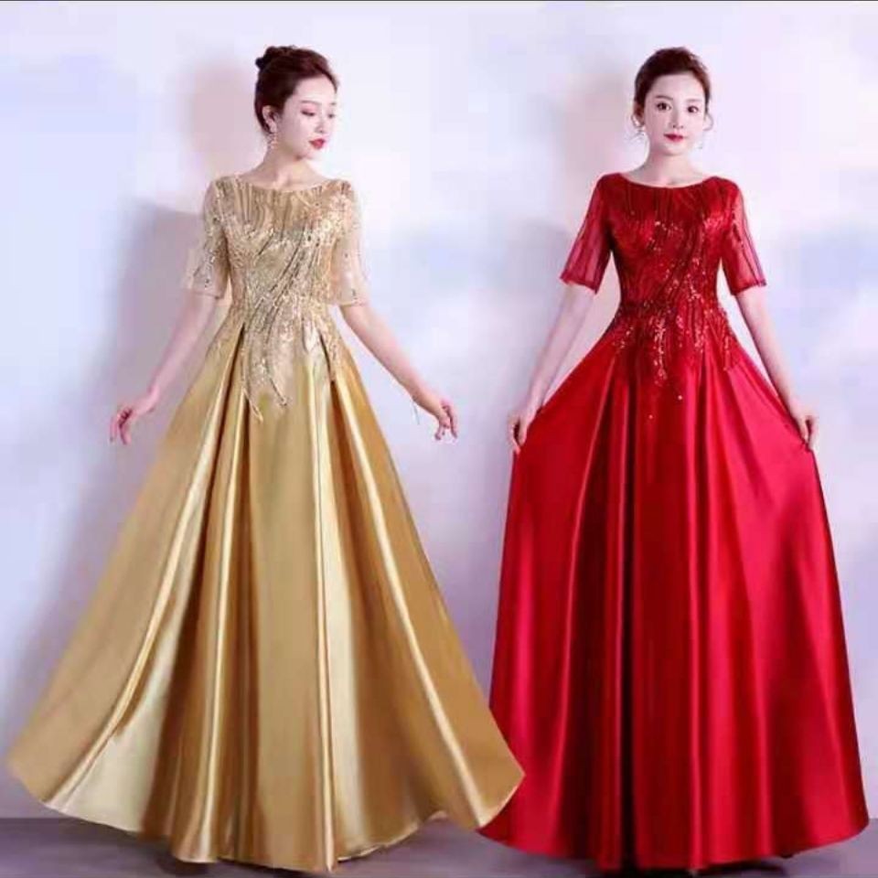 Female Long Dress Red Fashion Red Gold Banquet Style Evening Dress | Shopee  Malaysia