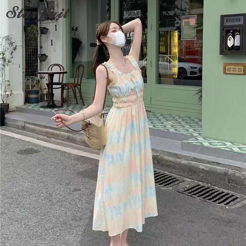 Summer Women'S Elegant Print Elastic Strap Skirt Holiday Style French Fragmented Flower Hanging Strap Long Dress