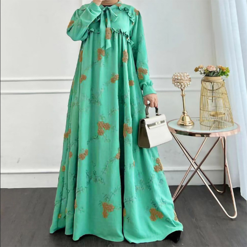 Dress Muslimah Long Sleeve Cotton Floral Dress Green Embroidery Vintage ...