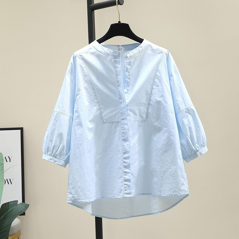 Cotton Blouse Women Light Blue Simple Shirt Round Neck Puff Sleeves ...