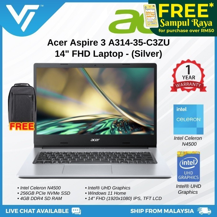 Acer Aspire 3 A314-35-C3ZU Laptop (Pure Silver) (Intel Celeron N4500 ...