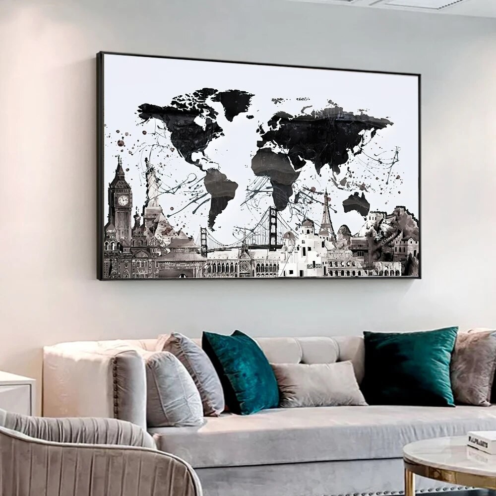 World Map Abstract Painting Graffit Pop Art Canvas Famous Buildings ...