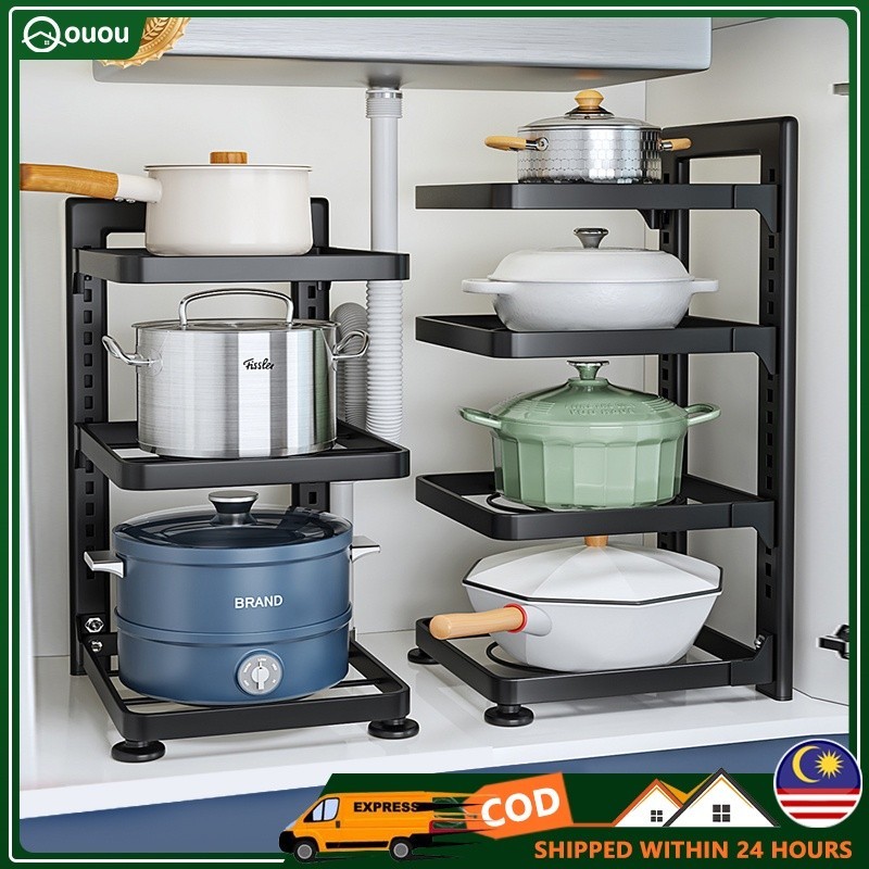 oO Adjustable Pot and Pan Rack Organizer Rak Dapur Rak Rempah Rak Bawah ...
