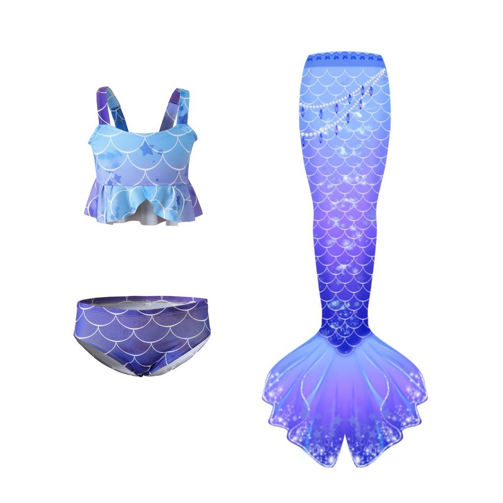 Girls Bathing Suits 3 Piece Bikini Set Mermaids Ruffle Sleeve Swimsuit
