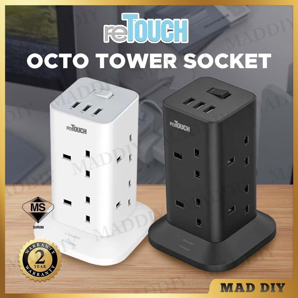RETOUCH OCTO TOWER SOCKET 13A 3250W 8AC SOCKET 3 USB PORT 2M SURGE ...