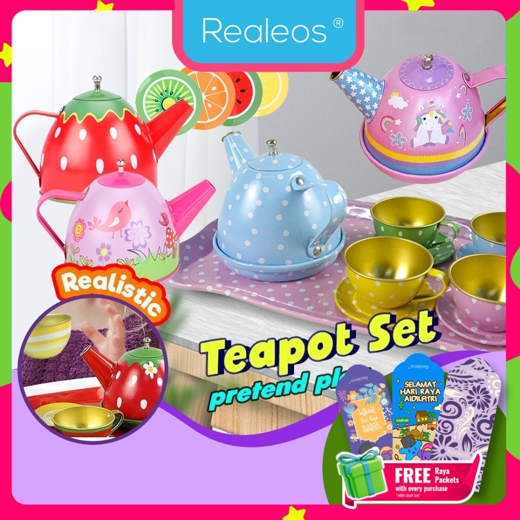 Realeos 14pcs Steel Kitchen Set Kids Toy Teapot Cup Plate Pretend Play
