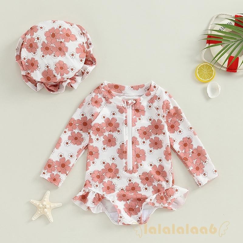 LALAA6Baby Girls Long Sleeve Flower Print Zipped Swimsuit with Hat