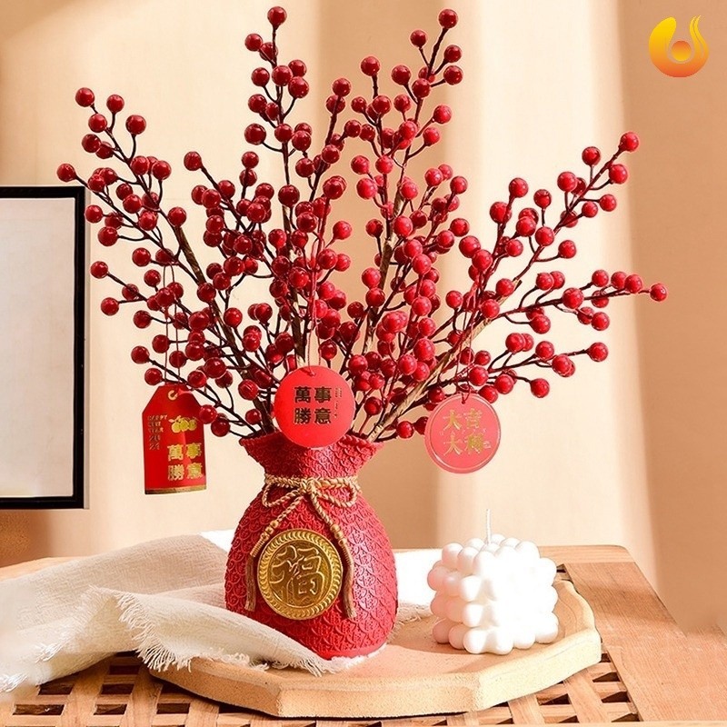 Chinese New Year Artificial Rich Fruit Bucket Berry/ Simulation Red Berries  Branches for Home Xmas Wedding Fake Flower Wreath Decoration