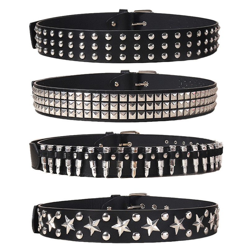 Rivet Belt Black Punk Style Unique Men Women Five-pointed Star Bullet ...