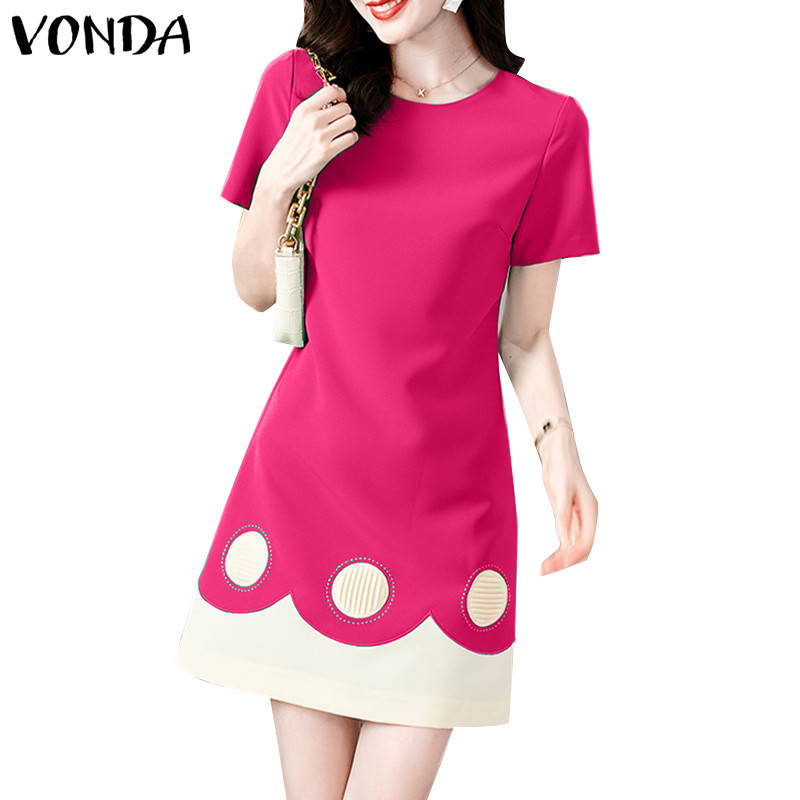 Vonda Women Korean Casual Round Neck Short Sleeves Patchwork Blouses