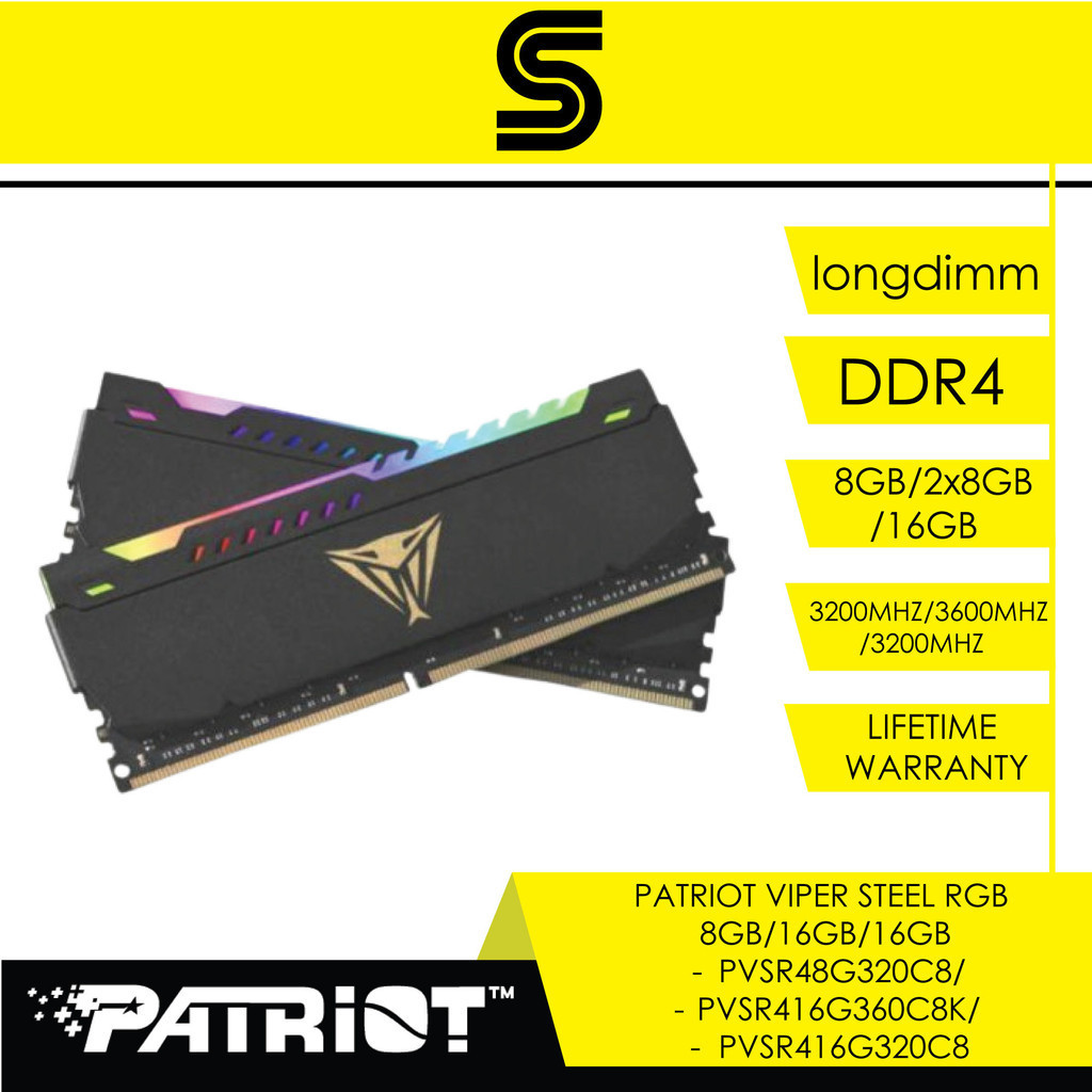 PATRIOT Viper Steel RGB DDR4 Memory 8GB/16GBx1/16GB(8x2) - 3200Mhz ...