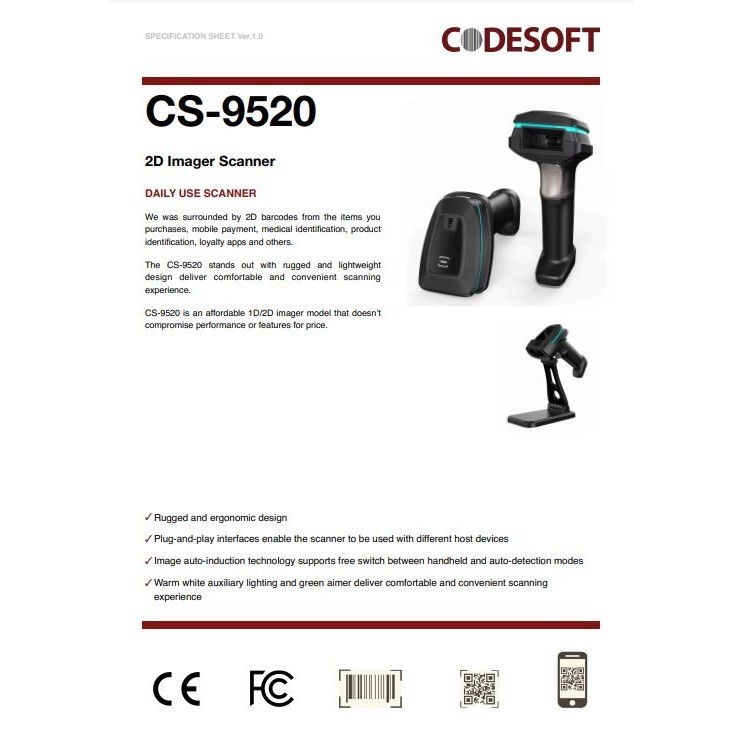 Codesoft CS-9520 wired 2D handheld barcode scanner with stand | Shopee ...