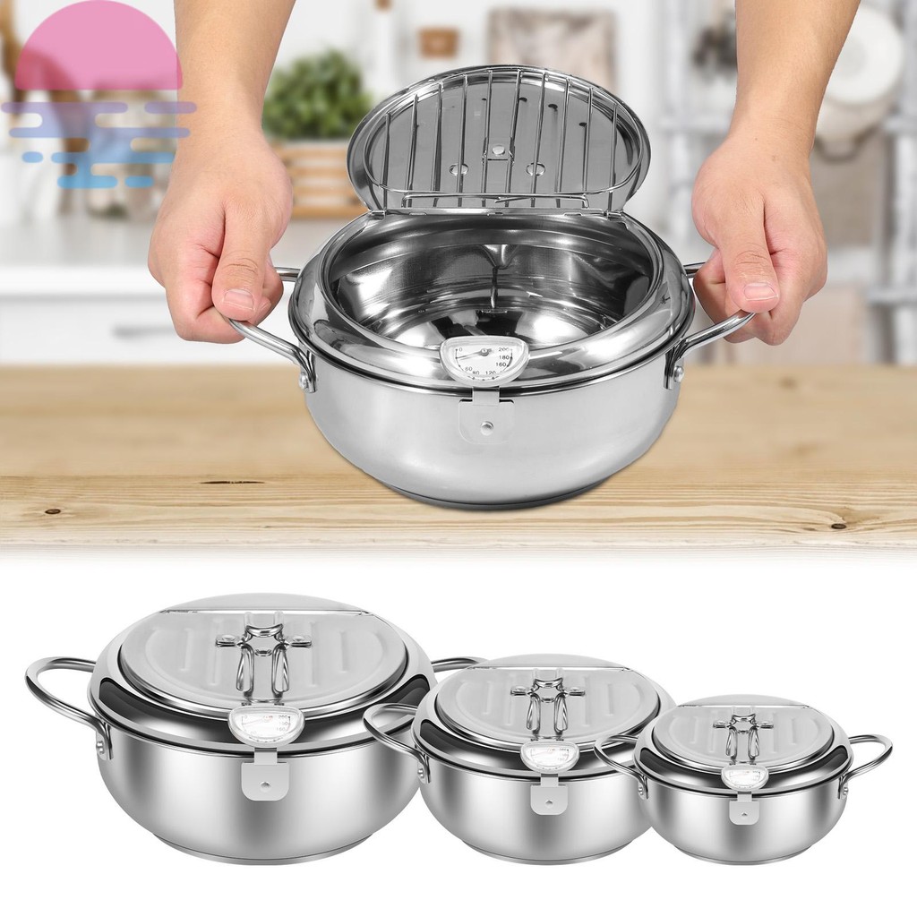 Deep Fryer Pot with Strainer Basket and Thermometer Stainless Steel ...