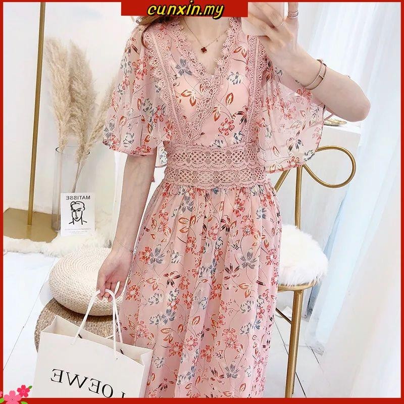 Floral Chiffon Korean Maxi Dress New Slim-fit V-Neck Lace Long Dress