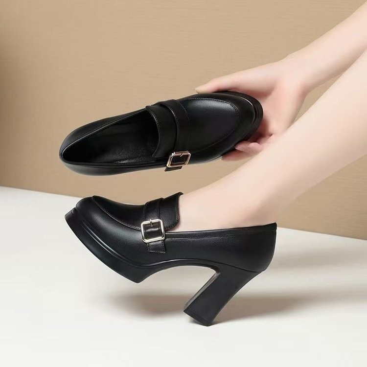 Women's New Thick Sole Shallow Mouth Round Toe Thick Heel Shoes Platform Heel Buckle Shoe Pink Shoe