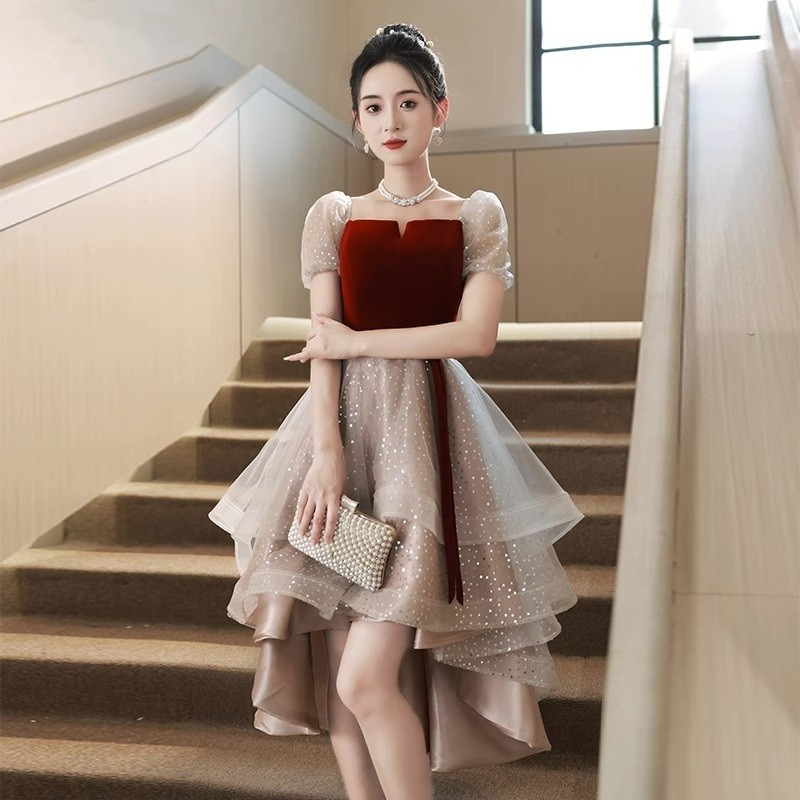 Wine Red Wedding Engagement Evening Dress Short Sleeve Square Neck Starry  Sky Princess Dresses Annual Dinner New Year Party Long Prom Gown | Shopee  Malaysia