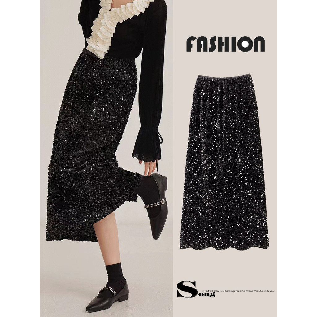 Velvet Sequined Skirt Female Hip Skirt Shiny Retro Straight Mid-Length ...