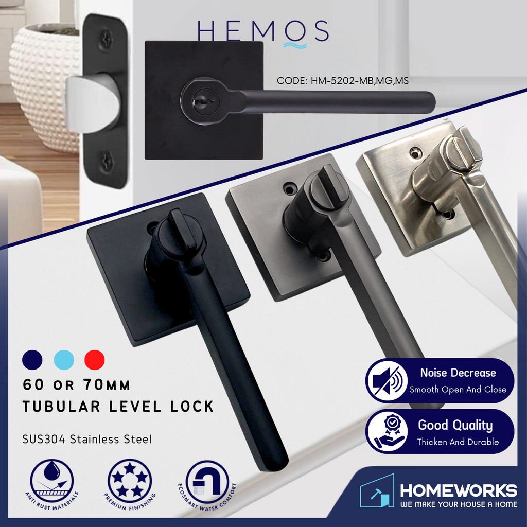 HEMOS 60-70MM TUBULAR LEVEL HANDLE DOOR LOCK KUNCI TOMBOL PINTU RUMAH ...