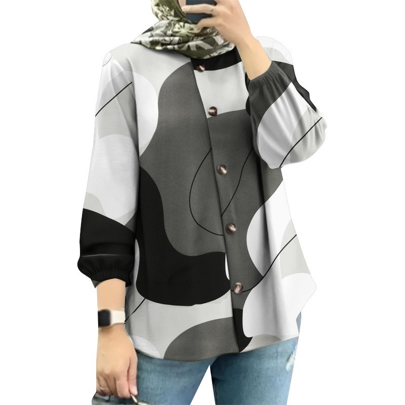 baju Modest Striped Button Muslim Blouses for Women Blus Muslim Kancing ...
