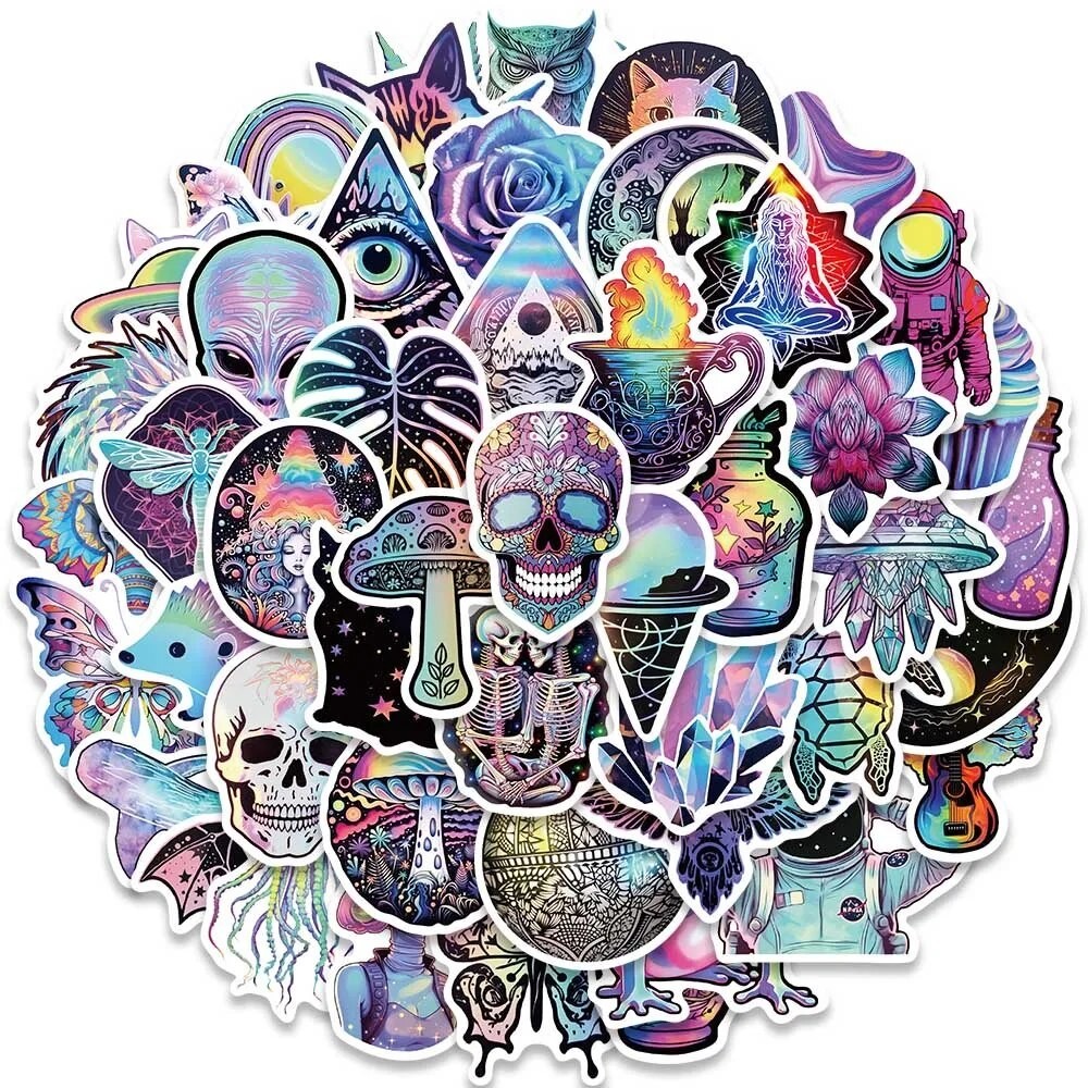 50pcs Cool Cartoon Laser Holographic Trippy Skull Stickers for Phone ...
