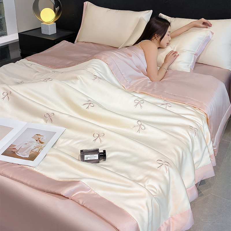 Popxstar  Lyocell Bamboo Fiber Luxury Embroidery Summer Quilt Soft Silky Thin Comforter Blanket With Bed Sheet Pillowcases Bedding Set