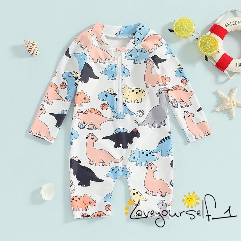 B935GBaby Boys Rash Guard Long Sleeve Zipped Dinosaur Print Swimsuit
