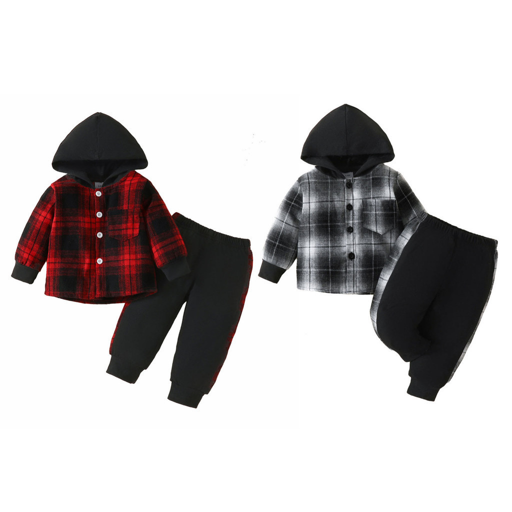 Jelory Toddler Baby Boys Long Sleeve Hooded Button Down Plaid Tops with ...