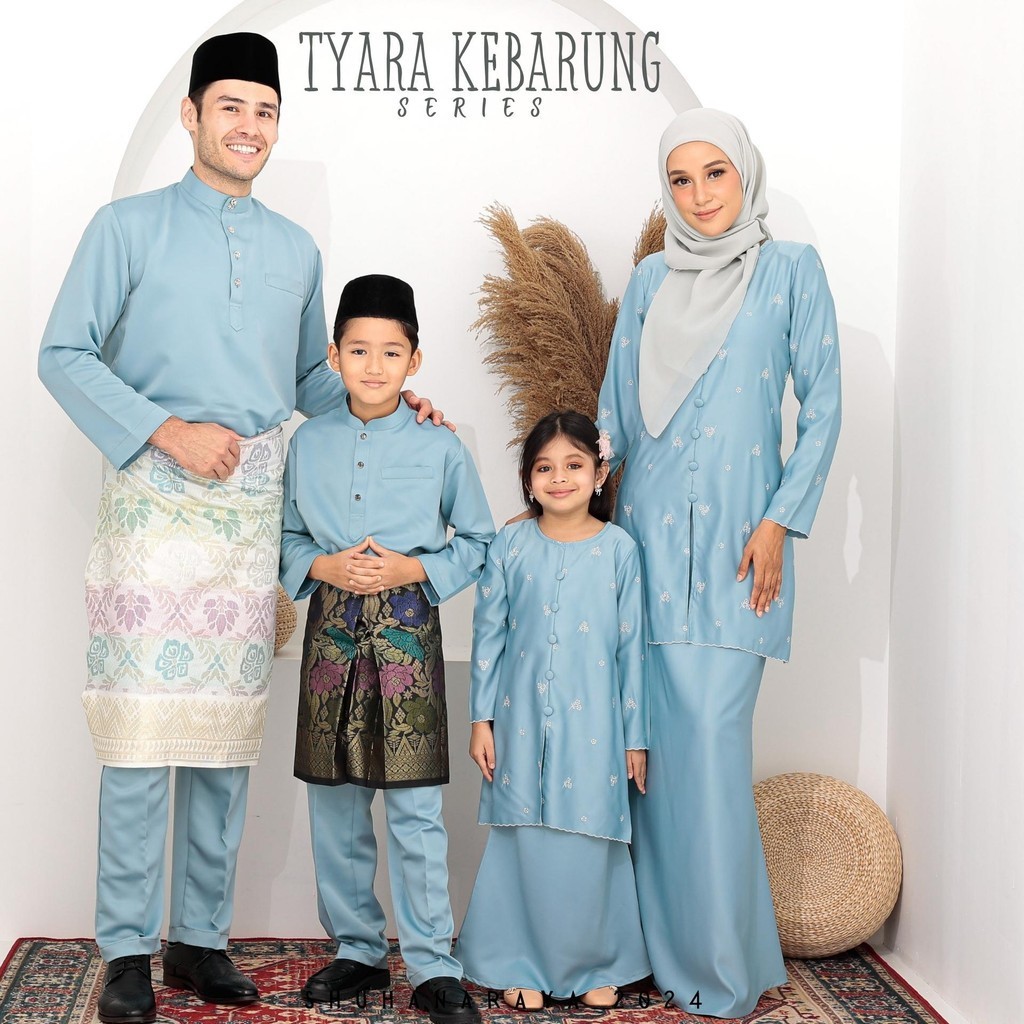 SHUHANA Baju Raya Family Set Sedondon Ash Blue 2024 Viral Baju Kurung