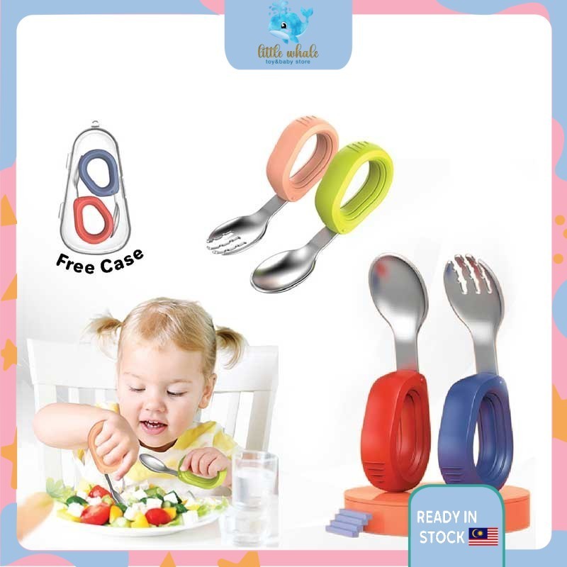 🐳2PCS Baby Curved Learning Stainless Steel Spoon Fork Set Feeding Spoon ...