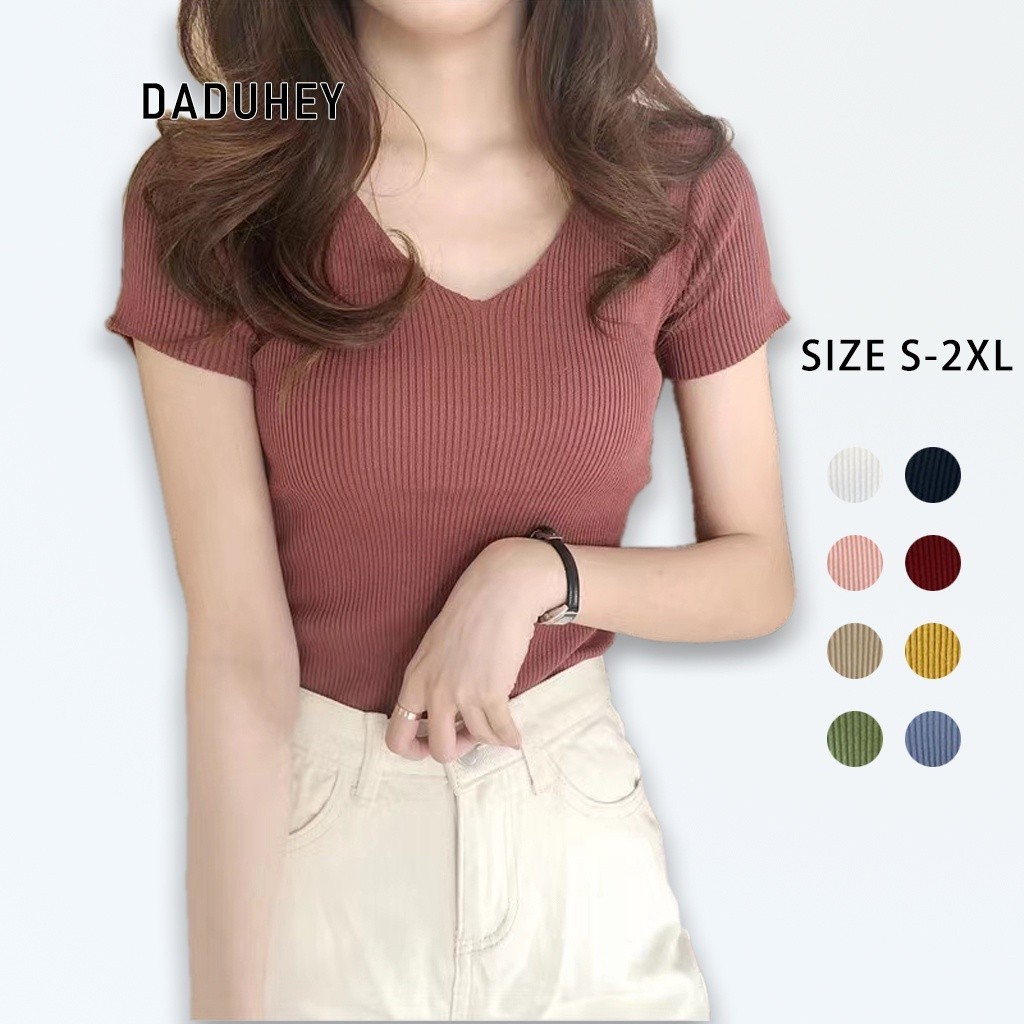 Daduhey Plus Size Women's Knitted Tops Slim V-neck Solid Color Short ...
