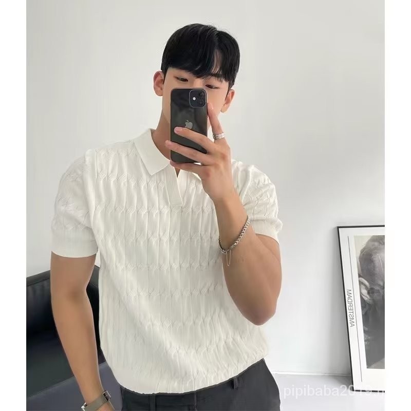 Summer Mens Knitted Short Sleeved Polo Shirt Korean Version Slim Fit