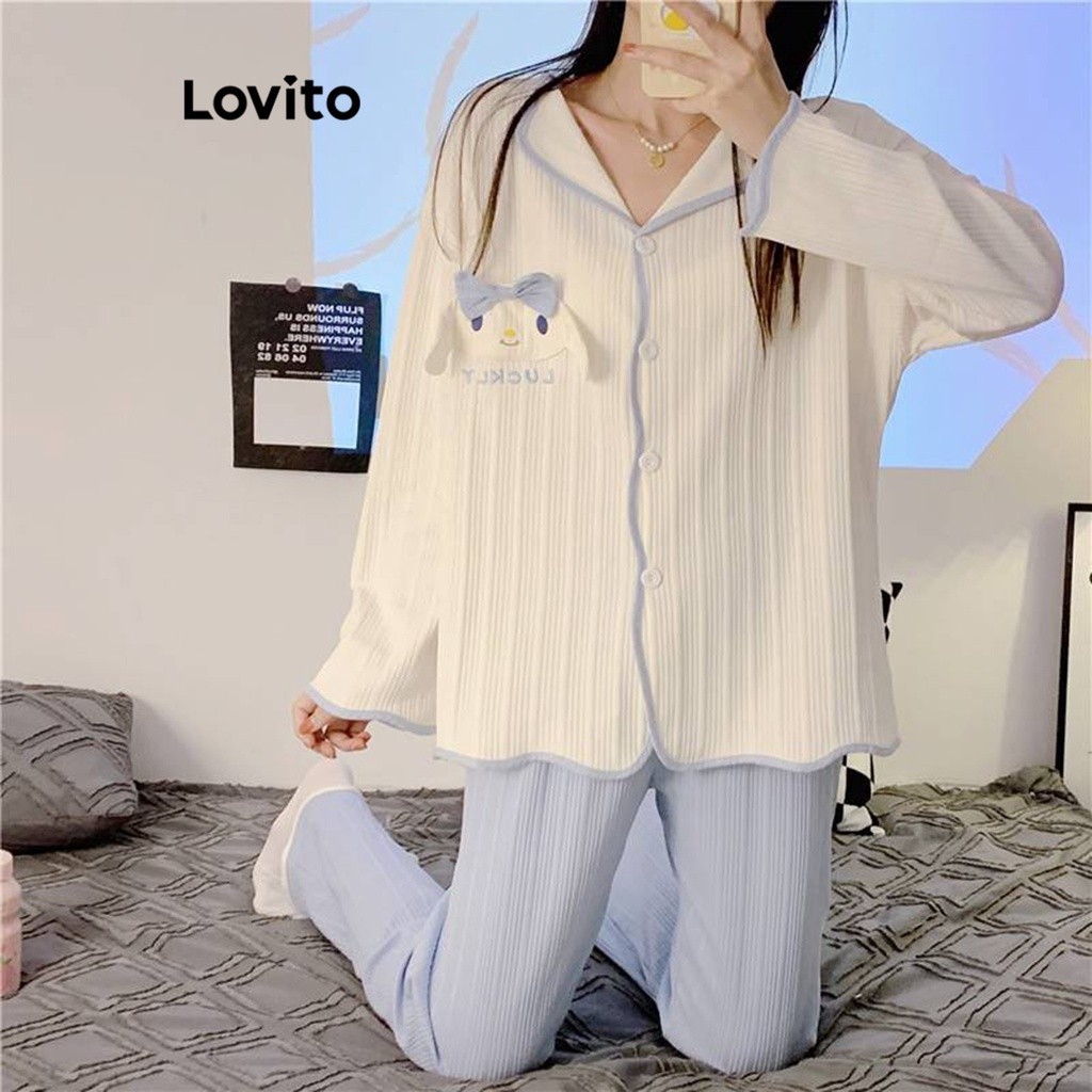 Lovito Casual Cartoon Bow Contrast Binding Pattern Pajama Sets for ...
