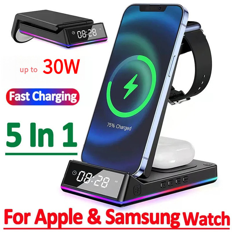 In 15W Foldable Wireless Charger Stand RGB Dock LED Clock Fast Charging  Station for iPhone Samsung Galaxy Watch 5/4 S22 S21