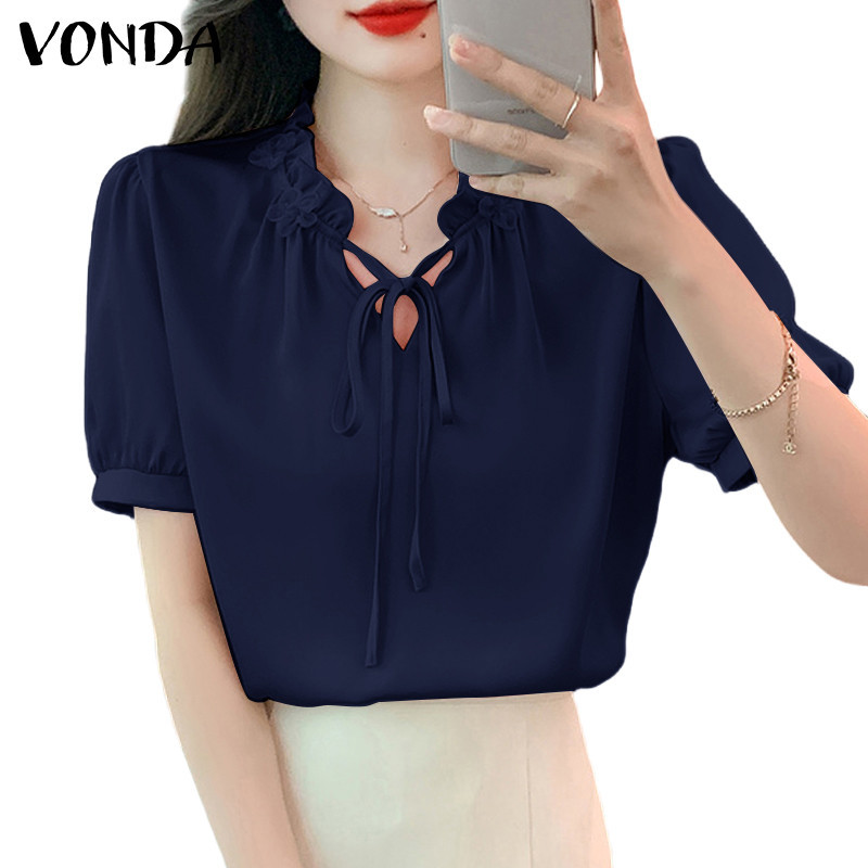 Vonda Women Korean Casual V Neck Puff Sleeve Cubic Flower Lace Up Blouses Shopee Malaysia