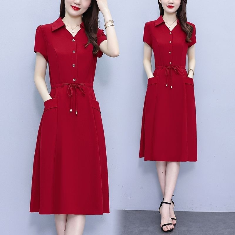 Elegant Dress Women Ladies French Hepburn Style Office OL Work Gown  Business Midi Dress Female Summer Solid Medium Length A-line Dresses Plus  Size