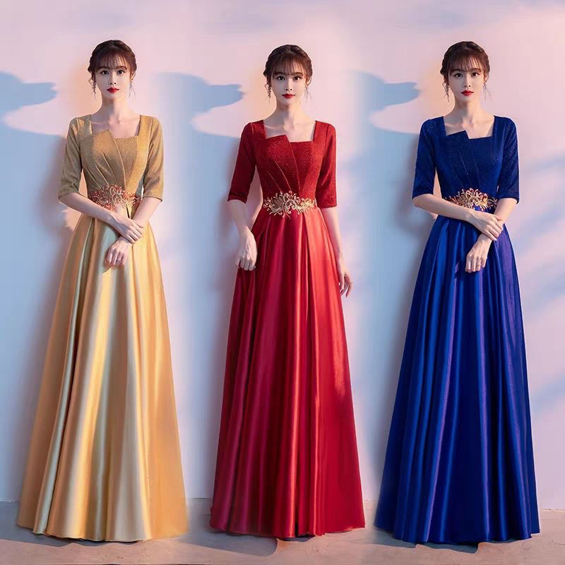 Long Dress Performance Banquet Dress Temperament Evening Party Red Gold  Dress | Shopee Malaysia