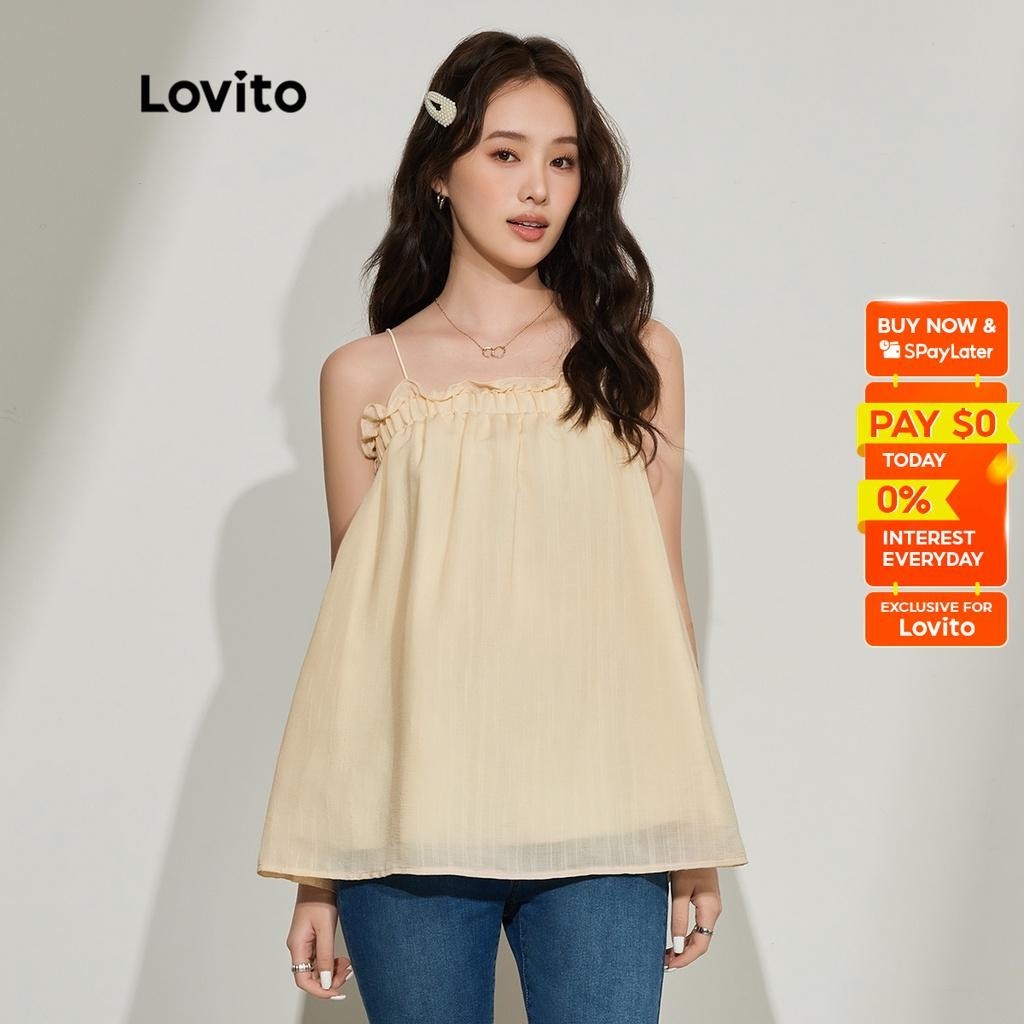 Lovito Casual Plain Ruffle Spaghetti Strap Lined Women Tank Top & Cami  L45AD032(Apricot) Lovito Kasual Tank Top Wanita Berjajar Tali Spaghetti  Ruffle Polos & Cami L45AD032 (Aprikot)