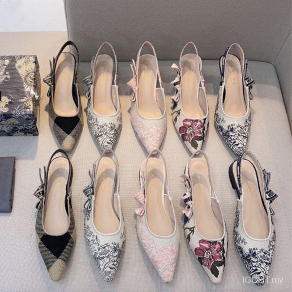 [Box]letter embroidered high heels Women 2020 new style kitten heel bow ...