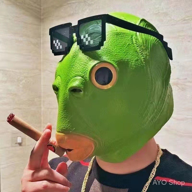 Tik Tok Green Head Monster Mask Green Fish Head Funny Headgear ...