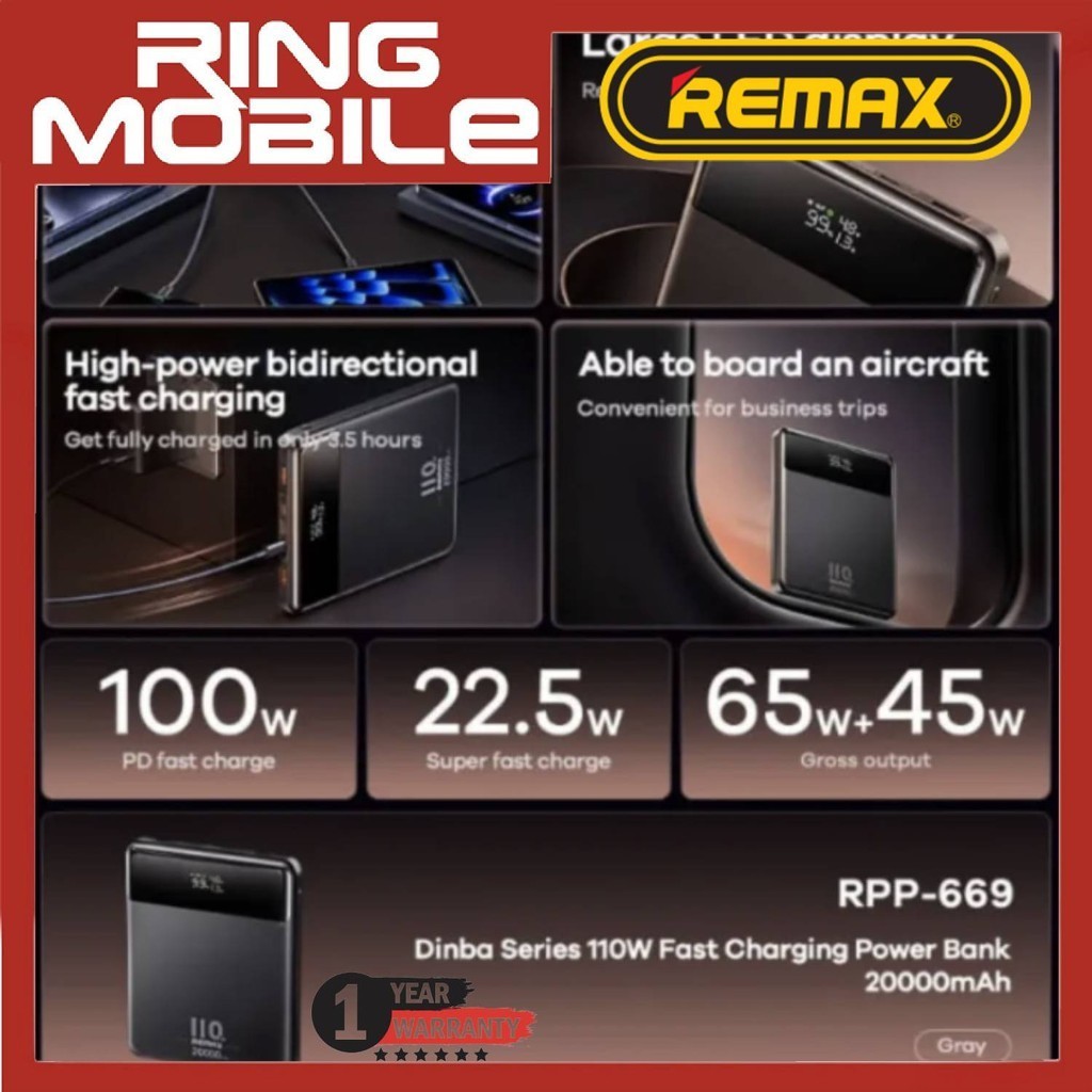 REMAX RPP-669 DINBA 110W 20000MAH POWER BANK QC + PD 5A SCP PPS Super ...